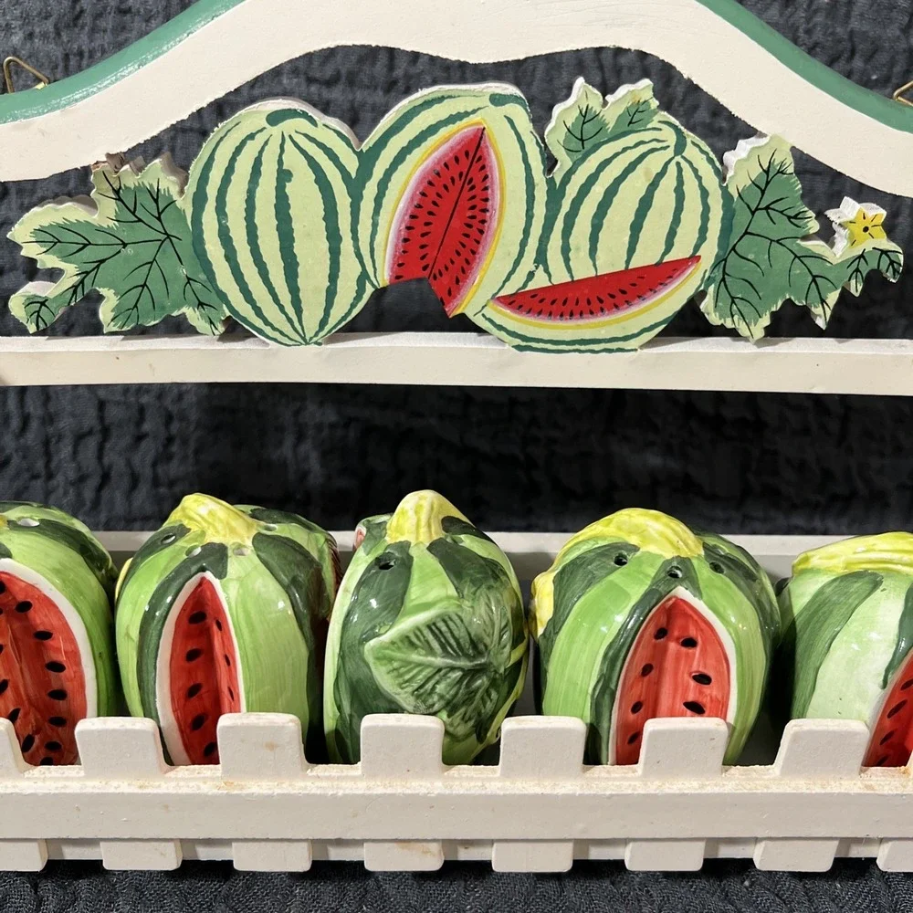 Vintage Wooden Spice Rack with 5 Ceramic Bottles Watermelon‎ Shaped